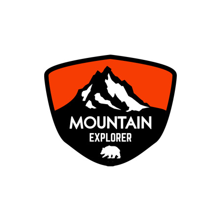 Mountain climbing. Emblem template with rock peak. Design element for logo, label, emblem, sign, poster. Vector illustrationのイラスト素材