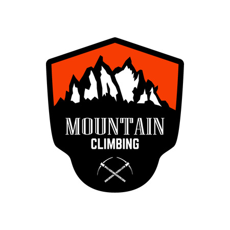 Mountain climbing. Emblem template with rock peak. Design element for logo, label, emblem, sign, poster. Vector illustrationのイラスト素材