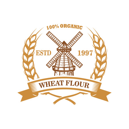 Wheat flour label template with wind mill. Design element for logo, emblem, sign, poster, t shirt. Vector illustrationのイラスト素材