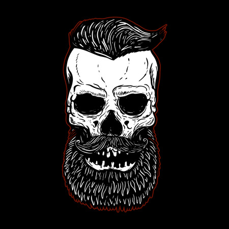 Hand drawn bearded skull isolated on black. Design elements for logo, label, emblem, sign. Vector illustrationのイラスト素材
