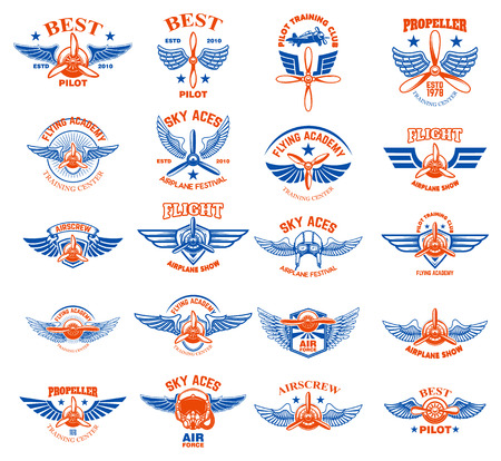 Set of vintage airplane emblems. Design elements for logo, label, sign, menu. Vector illustrationのイラスト素材
