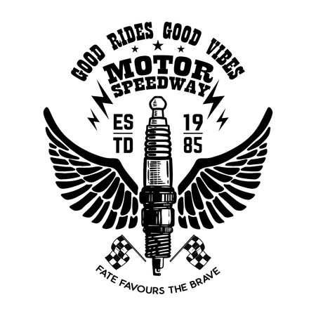 Hand drawn spark plug with wings. Emblem template. Design element for logo, label, sign, poster, t shirt. Vector imageのイラスト素材