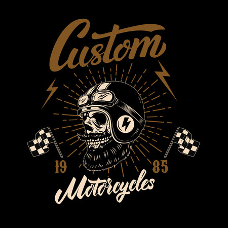 Racer skull in winged helmet. Design element for logo, label, sign, poster, t shirt. Vector imageのイラスト素材