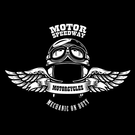 Emblem template with winged motorcycle racer helmet. Design element for poster, t shirt, sign, badge. Vector illustrationのイラスト素材