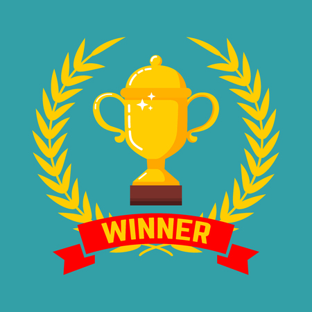 Winner gold cup icon with wreath in flat style. Design element for poster, card, banner, site, flyer. Vector illustrationのイラスト素材