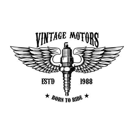 Winged motorcycle spark plug. Design elements for logo, label, sign, menu. Vector illustrationのイラスト素材