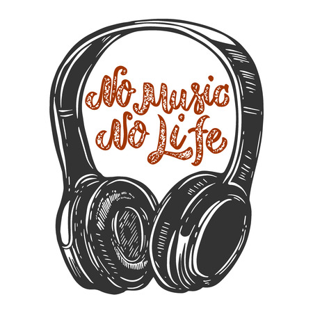 No music no life. Lettering phrase with headphones. Design element for poster, card, banner, sign, t shirt. Vector illustrationのイラスト素材
