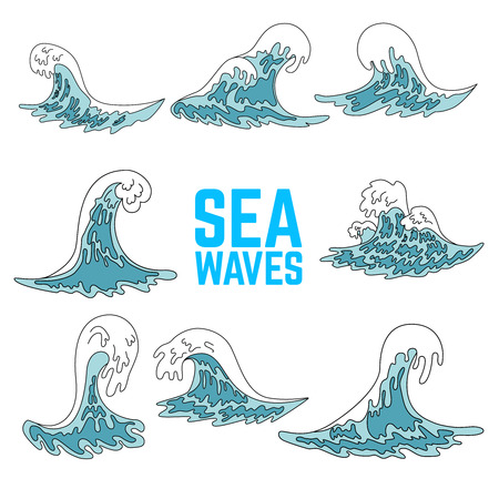 Set of sea waves illustrations. Design elements for poster, card, banner, flyer, emblem. Vector imageのイラスト素材
