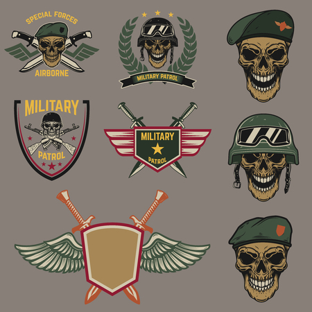 Set of military emblems. Paratrooper skull with crossed knives.Design element for logo, label, emblem, sign. Vector illustrationのイラスト素材