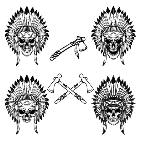 Native indian chief skull with crossed tomahawks. Design element for logo, label, emblem, sign. Vector illustrationのイラスト素材