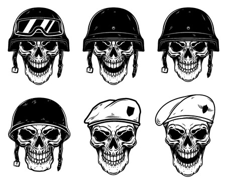 Set of soldier skulls in paratrooper beret, tactical helmet. Design element for logo, label, emblem, sign, poster, t shirt. Vector imageのイラスト素材