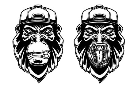 Set of gorilla in baseball cap on white background. Design element for label, emblem, sign, poster, t shirt. Vector illustrationのイラスト素材