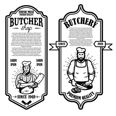 Set of vintage butchery and meat store flyers. Design element for logo, label, sign, badge, poster. Vector illustrationのイラスト素材