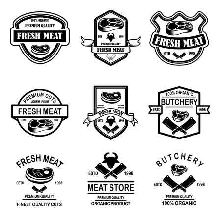 Set of meat store, butchery emblems. Design element for logo, label, sign, poster, banner. Vector illustrationのイラスト素材