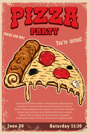Poster template of pizza house. Italian pizza slice on grunge background.  Design element for logo, label, sign, poster, card, banner. Vector illustrationのイラスト素材