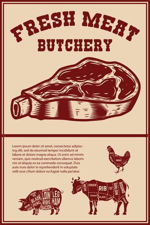 Fresh meat. Poster template with meat cut on grunge background. Vector illustrationのイラスト素材