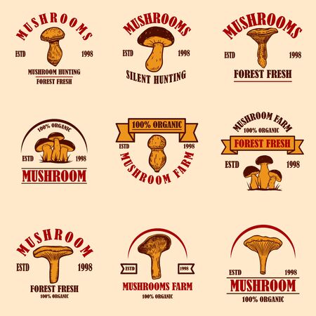 Set of emblems with mushrooms. Design element for poster, logo, label, sign, badge. Vector illustrationのイラスト素材