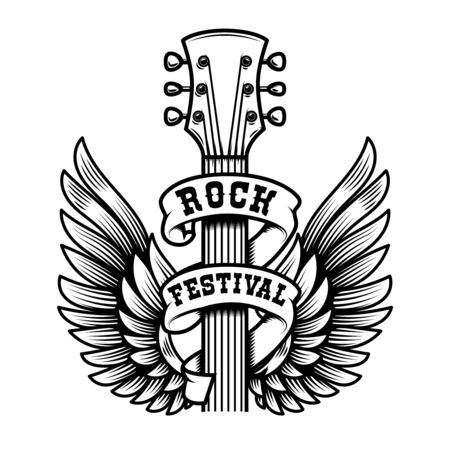 Rock festival. Guitar head with wings. Design element for poster, t shirt, emblem, sign, label. Vector illustrationのイラスト素材