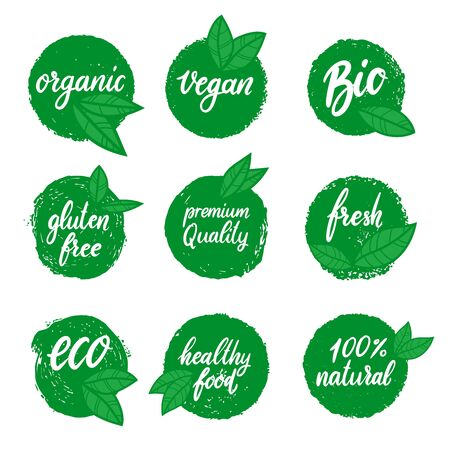 Set of healthy food emblems. Eco, organic food. Design element for logo, label, sign, label, poster, flyer, banner. Vector illustrationのイラスト素材