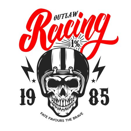 Outlaw racing. Emblem template with skull in racer helmet. Design element for poster, logo, label, sign, badge. Vector illustrationのイラスト素材