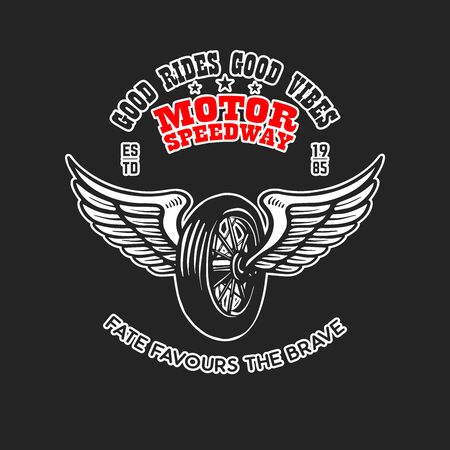 Custom motorcycles. Poster template with winged wheel. Design element for poster,  label, sign, badge. Vector illustrationのイラスト素材