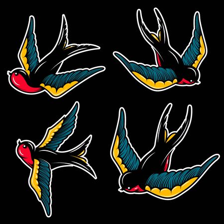 Set of swallow illustrations in old school tattoo style. For poster, card, banner, flyer. Vector illustrationのイラスト素材