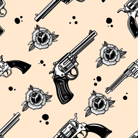 Seamless pattern with revolvers and roses. Design element for poster, card, banner, t shirt. Vector illustrationのイラスト素材
