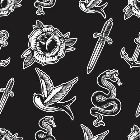 Vintage seamless pattern with snakes, swallows, knives, roses. Vector illustrationのイラスト素材
