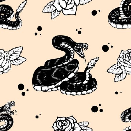 Seamless pattern with snakes and roses. Design element for poster, card, banner, t shirt. Vector illustrationのイラスト素材