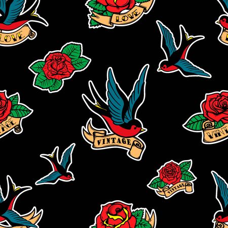 Seamless pattern with swallows and roses in old school tattoo style. For poster, card, banner, flyer. Vector illustrationのイラスト素材