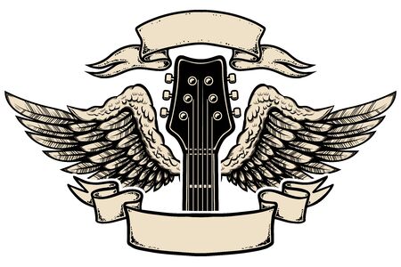 Illustration of winged guitar with ribbons isolated on white background.のイラスト素材