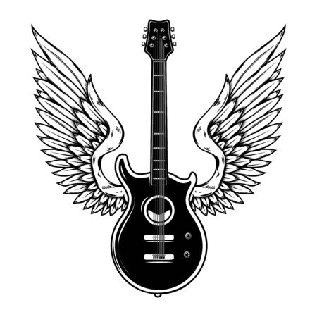 Illustration of winged guitar isolated on white background. Design element for poster, banner, sign, emblem. Vector illustrationのイラスト素材