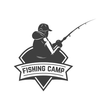 Fishing camp. Emblem template with fisherman. Design element for  label, sign, poster. Vector illustrationのイラスト素材
