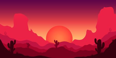 Desert landscape with cactuses and mountains in cartoon style. Design element for poster, card, banner, flyer. Vector illustrationのイラスト素材