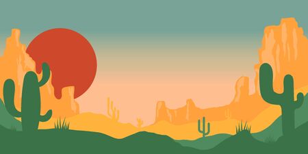 Desert landscape with cactuses and mountains in cartoon style. Design element for poster, card, banner, flyer. Vector illustrationのイラスト素材