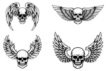 Set of winged human skull isolated on white. Design element for logo, label, emblem, sign. Vector illustrationのイラスト素材