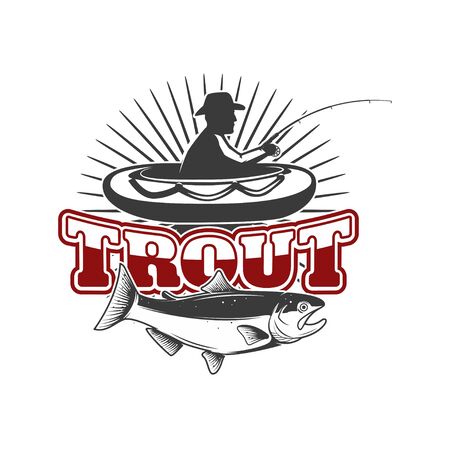 Trout fishing.Emblem template with trout and fisherman on rubber boat. Design element for logo, label, design. Vector illustrationのイラスト素材