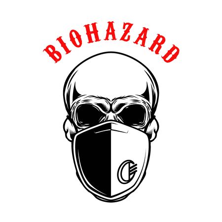 Illustration of human skull in medical mask isolated on white background. Biohazard. Coronavirus alert. Design element for poster, card, banner, flyer, emblem, sign. Vector illustrationのイラスト素材
