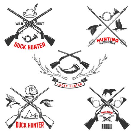 Set of hunting emblem templates. Hunting rifles, dog,duck and deer. Design element for label, sign, poster, t shirt. Vector illustrationのイラスト素材