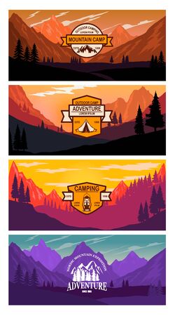 Set of poster template with wild mountains landscape. Design element for banner, flyer, card. Vector illustrationのイラスト素材