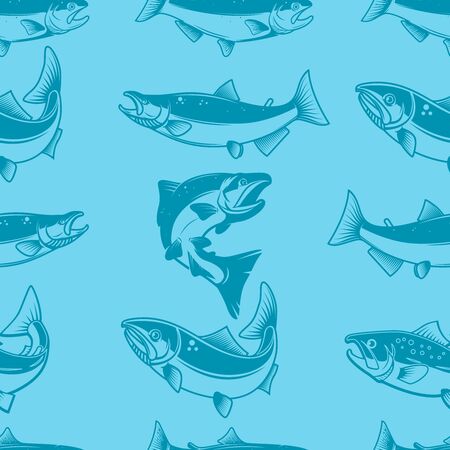 Seamless pattern with salmons. Seafood pattern. Design element for poster, card, banner, flyer. Vector illustrationのイラスト素材