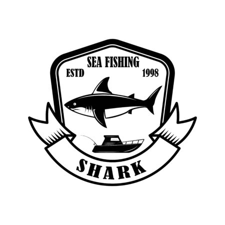 Sea fishing. Emblem template with shark fish. Design element for  label, sign, poster. Vector illustrationのイラスト素材
