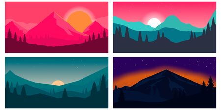 Set of poster template with wild mountains landscape. Design element for banner, flyer, card. Vector illustrationのイラスト素材