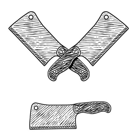 Illustration of meat cleaver in engraving style. Design element for logo, label, emblem, sign, badge. Vector illustrationのイラスト素材