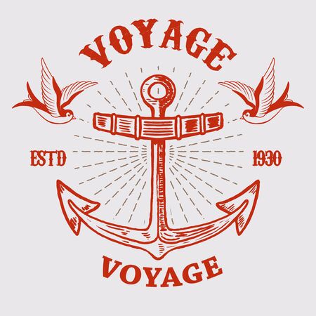 Illustration of vintage anchor with swallows in engraving style.のイラスト素材