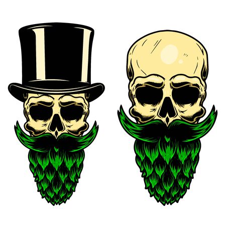 Human skull with the beard made from beer hop. Design element for poster, card, banner, flyer. Vector illustrationのイラスト素材