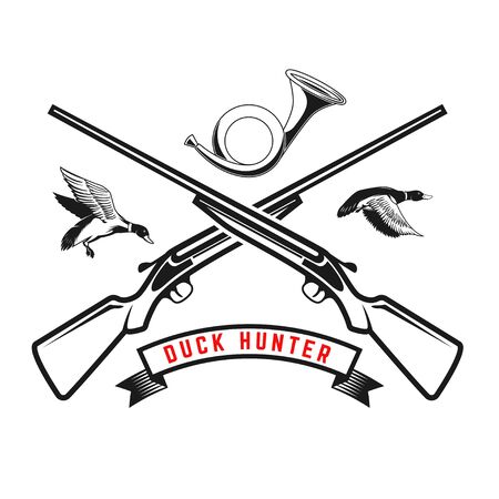 Emblem template of duck hunting club emblem with wild ducks, guns, hunting horn. Design element for logo, label, sign, poster, t shirt. Vector illustrationのイラスト素材