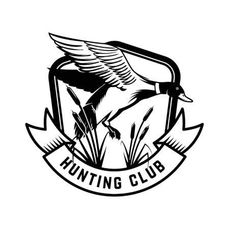Hunting club. Emblem template with wild duck. Design element for poster, card, banner, flyer. Vector illustrationのイラスト素材
