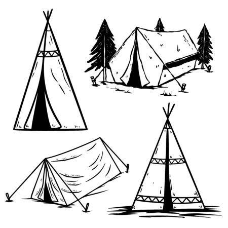 Set of illustrations of vintage camping tents. Design element for  label, sign, poster, t shirt. Vector illustrationのイラスト素材