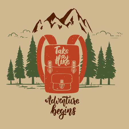 Adventure begins. Vintage design with camping backpack, mountains, forest silhouettes.のイラスト素材